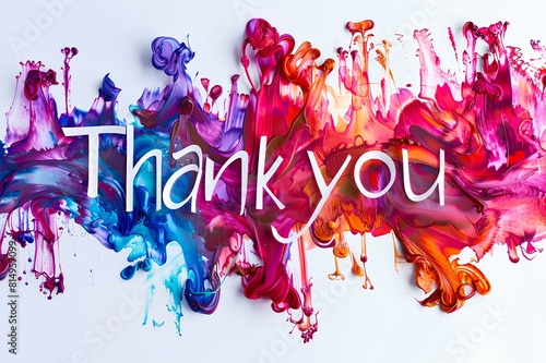 A vibrant image featuring a "Thank you" word sign crafted from paper, adorned with colorful spectrum paint brush strokes that swirl and blend over a pristine white background