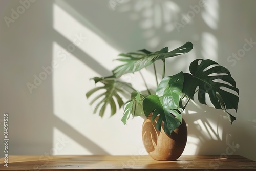 Potted monstera on wooden table near white wall.