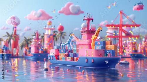 Colorful, whimsical illustration of a busy industrial port with logistics and cargo ships, set in a fantastical environment.