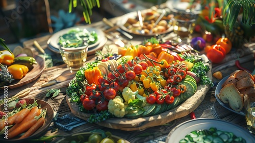 Vibrant vegan feast, wideangle shot, natural daylight, colorful vegetable platter on rustic wood table