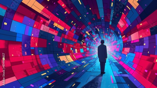 A businessman stands at the entrance of a vibrant, colorful maze, contemplating the complex journey ahead.