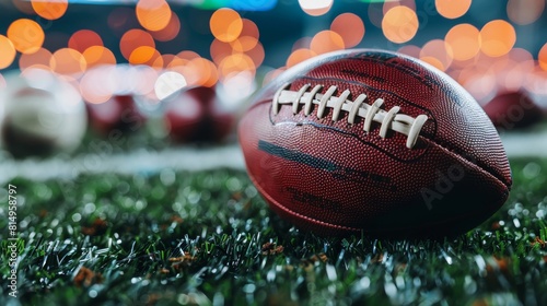 American football ball on stadium field with ample copy space for text placement