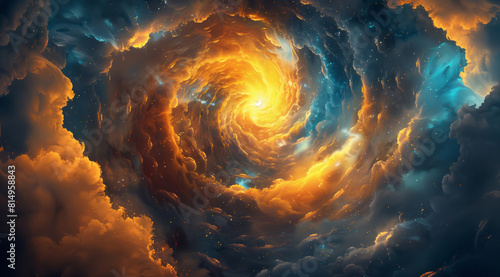 A swirling vortex of fiery orange and blue clouds, representing the intense energy and passion that is both mesmerizing yet terrifying to touch, with swirling flames at its core