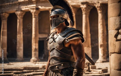 A gladiator awaiting his fate in the Roman Colosseum, harsh midday light casting dramatic shadows on the sand and stone architecture