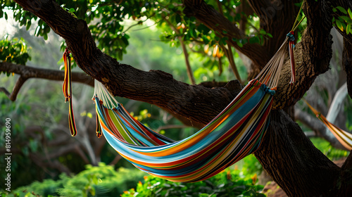 Colorful hammock hanging on green tree