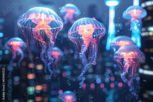 A pod of luminescent jellyfish floating gracefully through an otherworldly