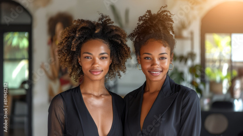 Twin sisters with matching hairstyles wearing elegant black dresses and sharing a warm smile.