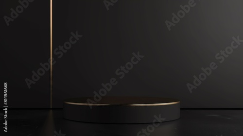 Minimalist Luxury Black Theme Simple matte black podium with a singular gold line, set against a blank background to emphasize its elegance.
