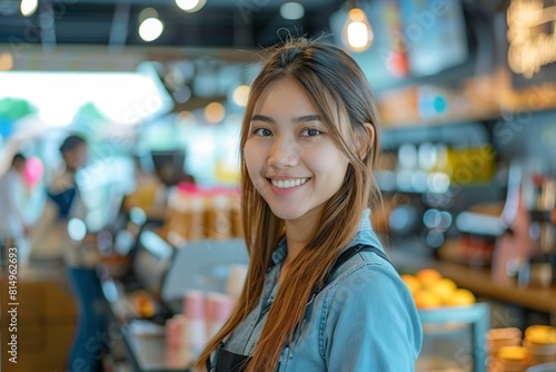 Smiling young and attractive saleswoman cashier