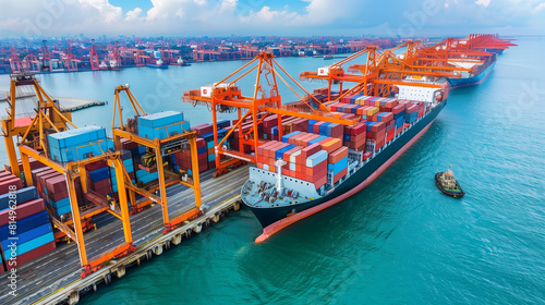 Logistics, container Cargo ship transportation with working crane bridge in deep sea port for import export.