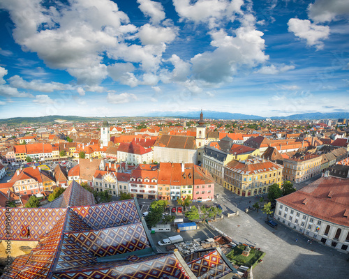 Amazing View from bell tower of St Mary Cathedral on the Old Town in Sibiu city.