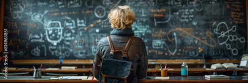 male physicist explaining complex theories on a chalkboard in a classroom