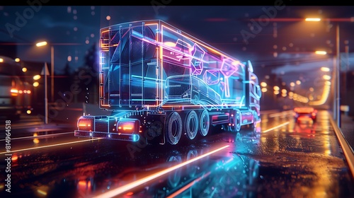 A futuristic vision of a lorry truck with a container blueprint depicted as a radiant neon hologram, presented in immersive 3D rendering, signaling the dawn of a new era in transportation technology