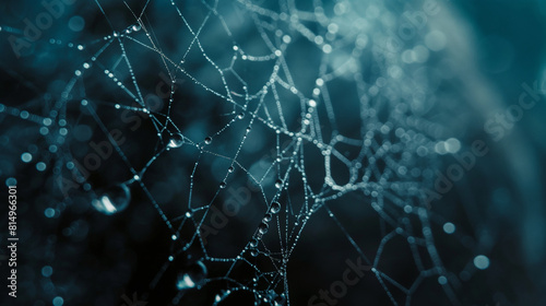 A macro photograph of dewdrops clinging to a spider's web, illustrating the importance of water retention in ecosystems. Dynamic and dramatic composition, with copy space