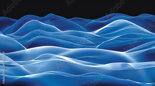  A digital depiction of mountain ranges with blue wave formations in the foreground and a backdrop of unbroken black