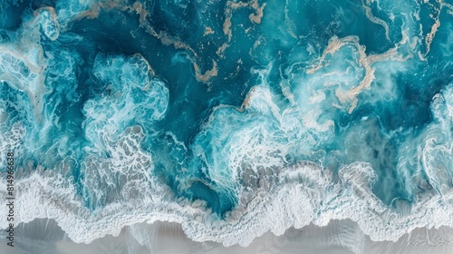  A birds-eye perspective of a sizable water body, featuring waves dramatically cresting, beneath azure and golden hue paint