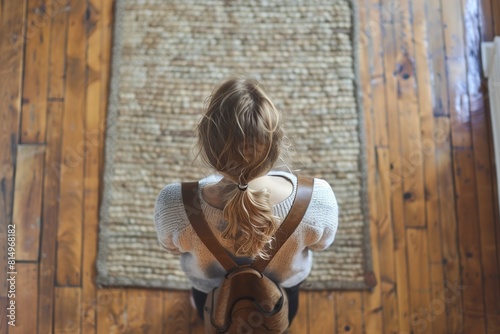 Woman standing near door mat on wooden floor