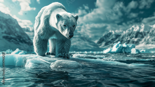 A close-up shot of a polar bear standing on a melting ice floe, symbolizing the threat of habitat loss and climate change in the polar regions. Dynamic and dramatic composition, wi