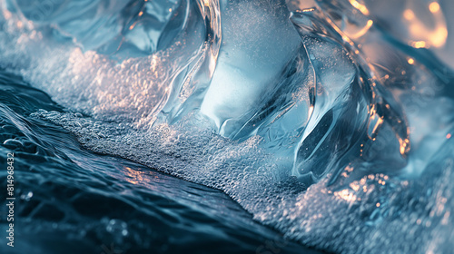 A mesmerizing photograph of melting ice formations illuminated by the soft glow of the midnight sun, showcasing the ethereal beauty of polar landscapes in transition. Dynamic and d