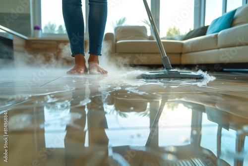 Woman cleaning floor with steam mop at home