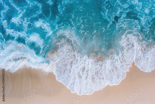 Blue Ocean Beach. Aerial Drone Shot of Tropical Summer Waves and Sandy Shoreline