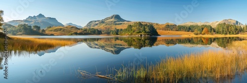 Wild Nature. Horizontal View of Blea Tarn with Langdale Pike Beyond in Colorful Cumbria Landscape