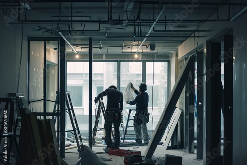 Two construction workers collaborate on an office renovation project with tools and materials around