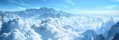 Sky Clouds Mountains Banner. Alpine Pike in Snow, Blue Skies and Clouds