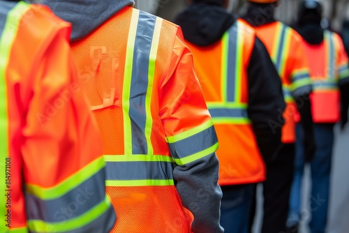 Group of workers wearing reflective orange and yellow safety vests for occupational safety