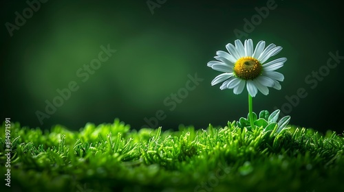  A pristine white daisy atop a verdant, dewy grass field - petals specked with glistening dewdrops