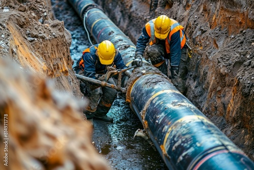 Skilled construction workers repairing underground pipeline in an urban development area using heavy-duty machinery and protective gear