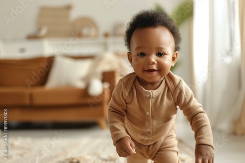 development. Cute black boy taking steps