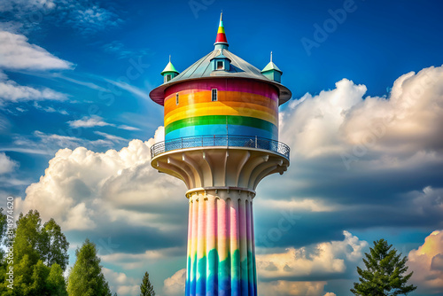 Whimsical Water Tower Redesigned to Resemble Unicorn with Rainbow Colors