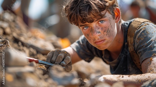 teenage archeologist excavating a burial site with precision tools