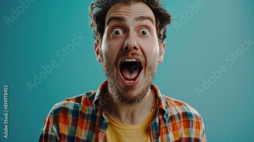 handsome man exited surprise face expression . Male feels shocked. exciting smile and happy adorable rejoices. Very enjoy and fun relax time. wow,