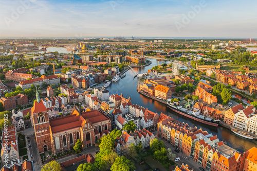 View from a drone of the Main Town in Gdańsk and the Motława River. Spring.