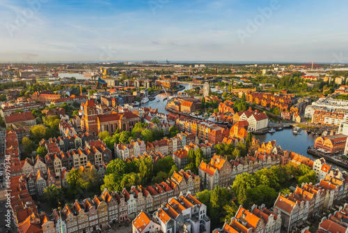 View from a drone of the Main Town in Gdańsk and the Motława River. Spring.