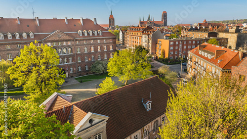 The Old Town in Gdańsk and parts of the Main Town seen from a drone. Spring in Gdańsk.
