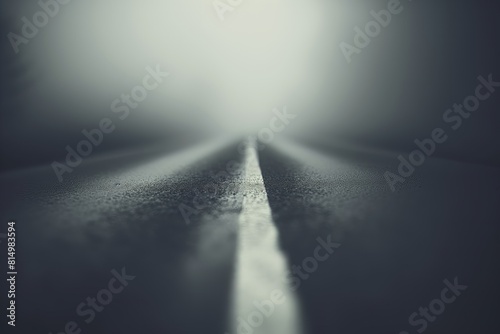 A dramatic and moody low-angle shot of a desolate road leading into the depths of a thick fog. The focus is on the white road markings that fade into the grey, obscure unknown, invoking a sense of