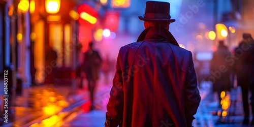 Victorian private detective strolling through London streets on a moody evening. Concept Victorian London, Private Detective, Moody Evening, Historical Setting, Strolling Through Streets