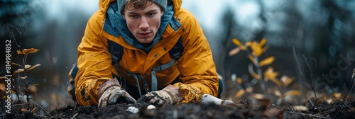 young man uncovering a trove of Viking artifacts buried in a field