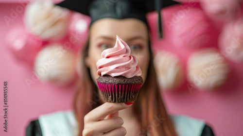 A faceless graduate holding a cake