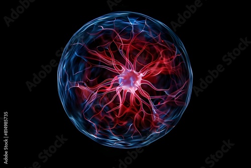 This high-resolution image captures the mesmerizing patterns of electric currents in a plasma sphere, showcasing vibrant red and blue tendrils against a dark background.