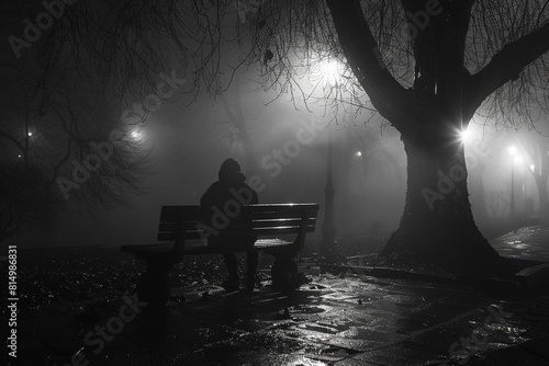 A dark and foggy park with a lonely person sitting on a bench.