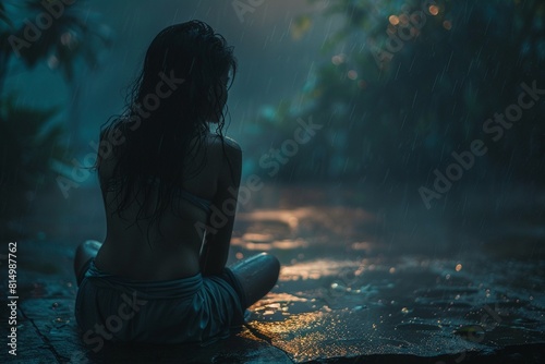A woman sits on the ground in the rain.