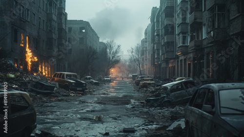 A desolate street lined with burnt cars and damaged apartments following conflict