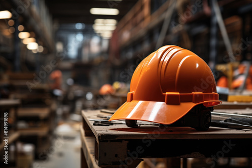 An orange safety helmet or hardhat for the construction worker which is placed on construction working site or working factory backgroud. 