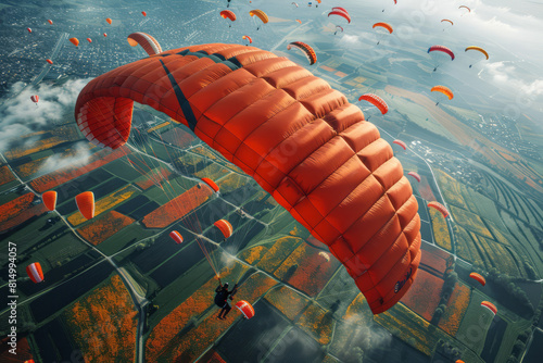 Illustration of multiple parachutists in free fall over a colorful patchwork of agricultural fields,