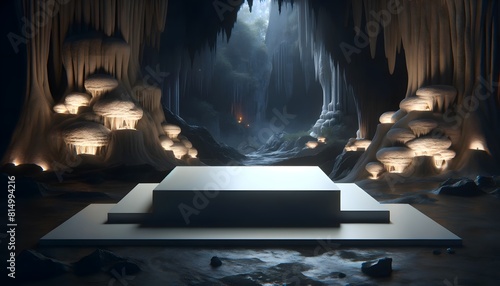 White podium set in a mystical cave illuminated by bioluminescent fungi, creating a magical and ethereal underground world.