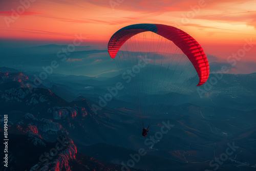 Tranquil view of a parachutist descending at dusk, with the horizon line glowing in twilight colors,